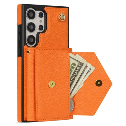 For Samsung Galaxy S23 Ultra Case Card Holder Shell Leather+TPU Cover with Shoulder Strap