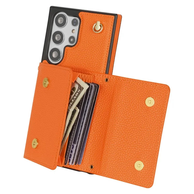 For Samsung Galaxy S23 Ultra Case Card Holder Shell Leather+TPU Cover with Shoulder Strap