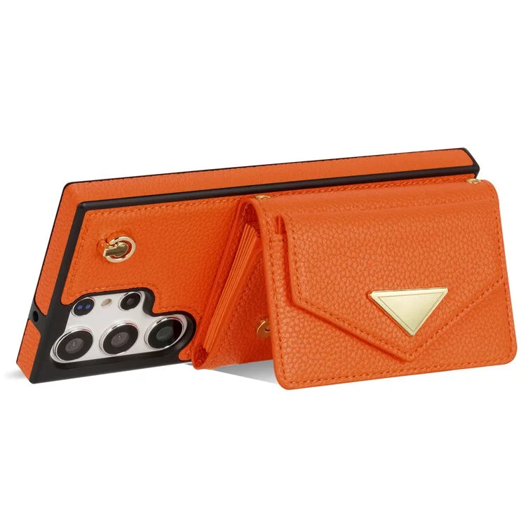 For Samsung Galaxy S23 Ultra Case Card Holder Shell Leather+TPU Cover with Shoulder Strap