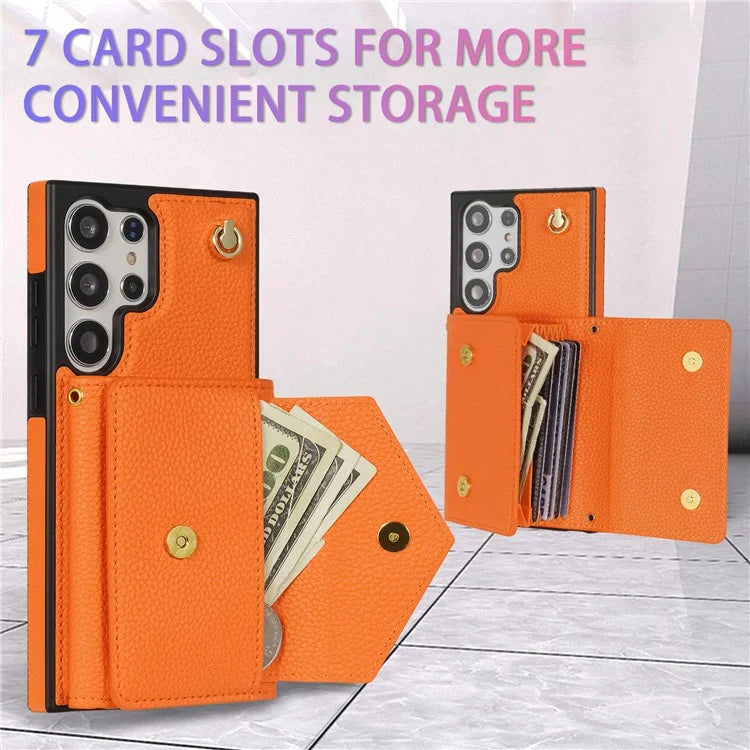 For Samsung Galaxy S23 Ultra Case Card Holder Shell Leather+TPU Cover with Shoulder Strap
