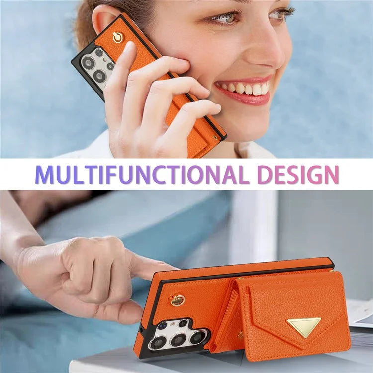 For Samsung Galaxy S23 Ultra Case Card Holder Shell Leather+TPU Cover with Shoulder Strap