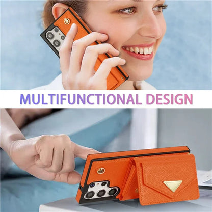 For Samsung Galaxy S23 Ultra Case Card Holder Shell Leather+TPU Cover with Shoulder Strap