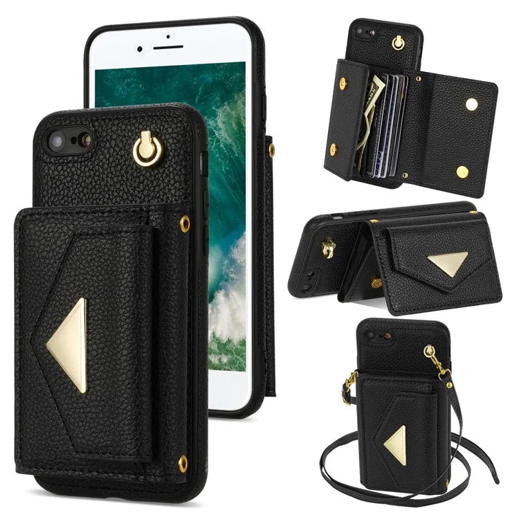 For iPhone 7 / 8 / SE (2020) / SE (2022) Case Leather+TPU Card Holder Shell with Shoulder Strap