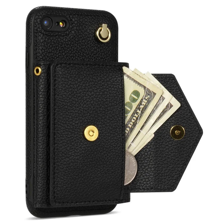 For iPhone 7 / 8 / SE (2020) / SE (2022) Case Leather+TPU Card Holder Shell with Shoulder Strap