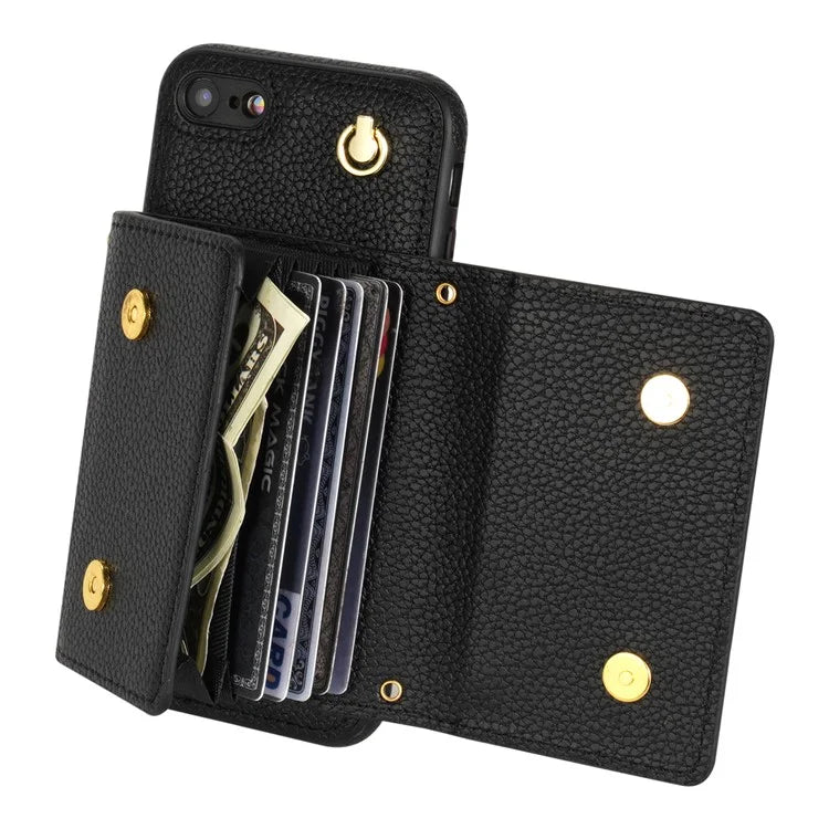 For iPhone 7 / 8 / SE (2020) / SE (2022) Case Leather+TPU Card Holder Shell with Shoulder Strap