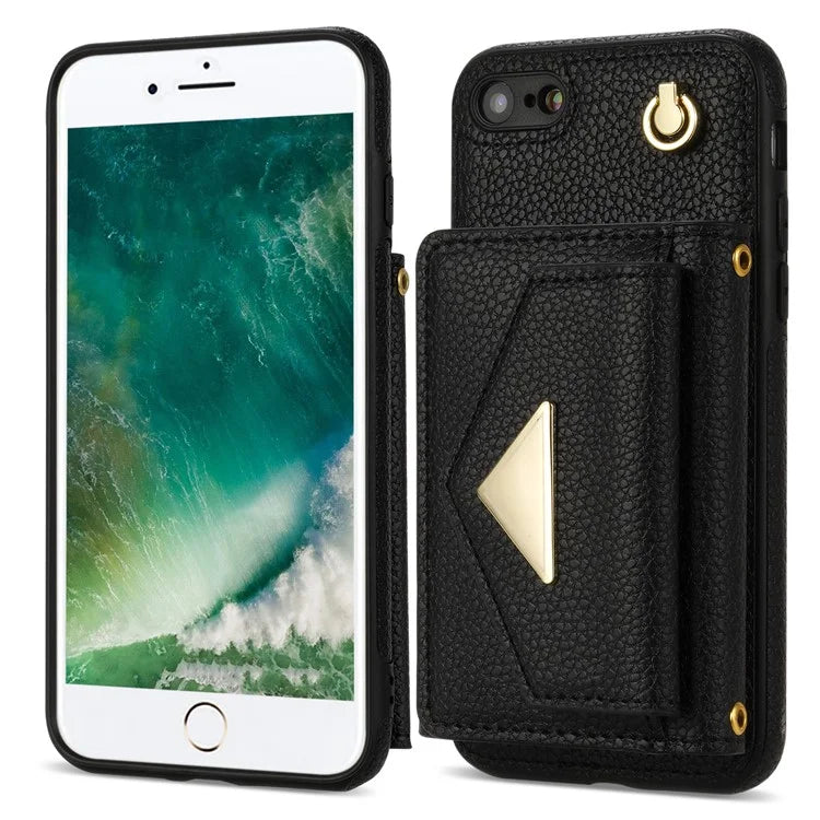 For iPhone 7 / 8 / SE (2020) / SE (2022) Case Leather+TPU Card Holder Shell with Shoulder Strap