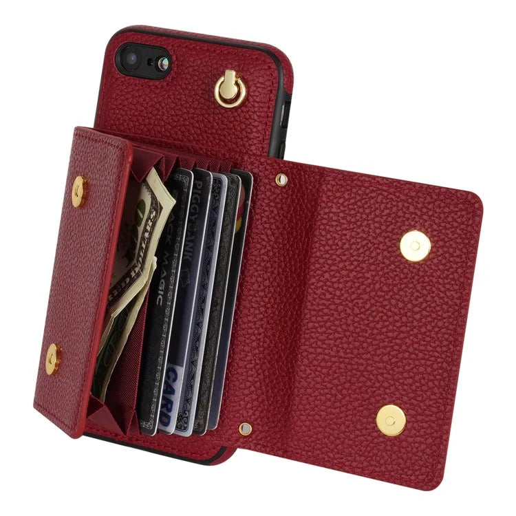 For iPhone 7 / 8 / SE (2020) / SE (2022) Case Leather+TPU Card Holder Shell with Shoulder Strap