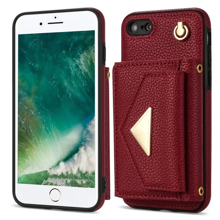 For iPhone 7 / 8 / SE (2020) / SE (2022) Case Leather+TPU Card Holder Shell with Shoulder Strap