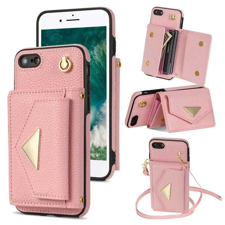 For iPhone 7 / 8 / SE (2020) / SE (2022) Case Leather+TPU Card Holder Shell with Shoulder Strap