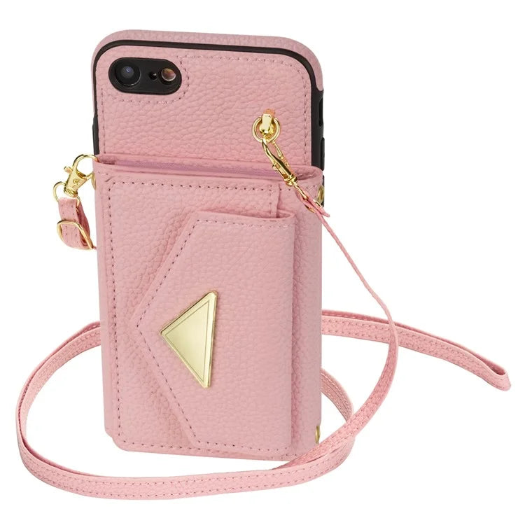 For iPhone 7 / 8 / SE (2020) / SE (2022) Case Leather+TPU Card Holder Shell with Shoulder Strap