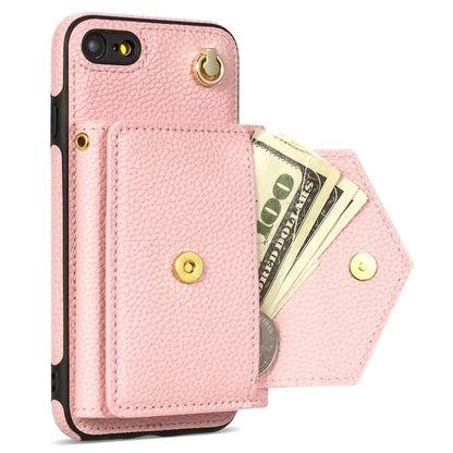 For iPhone 7 / 8 / SE (2020) / SE (2022) Case Leather+TPU Card Holder Shell with Shoulder Strap