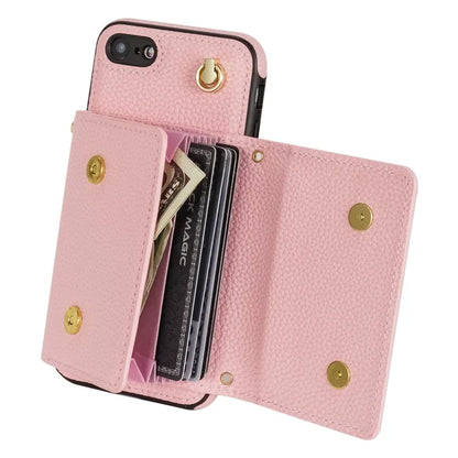 For iPhone 7 / 8 / SE (2020) / SE (2022) Case Leather+TPU Card Holder Shell with Shoulder Strap