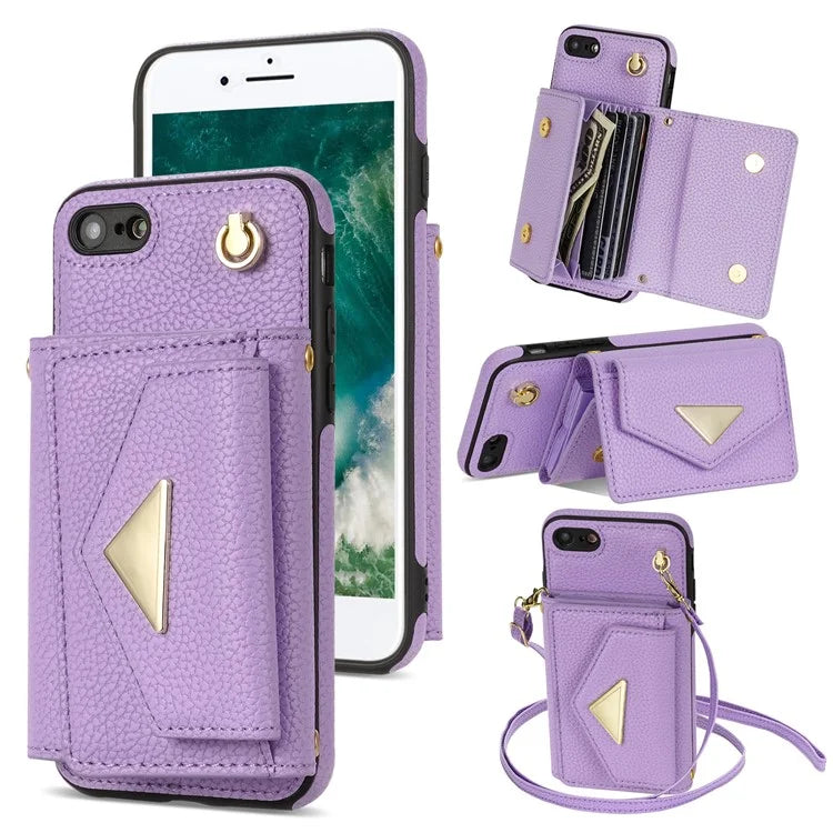 For iPhone 7 / 8 / SE (2020) / SE (2022) Case Leather+TPU Card Holder Shell with Shoulder Strap