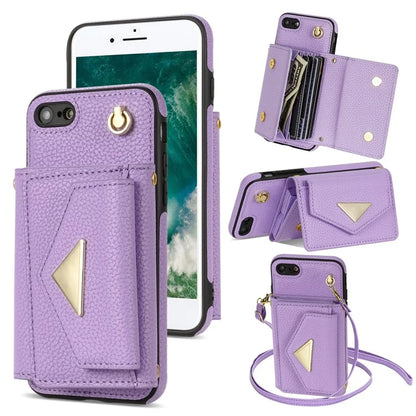 For iPhone 7 / 8 / SE (2020) / SE (2022) Case Leather+TPU Card Holder Shell with Shoulder Strap