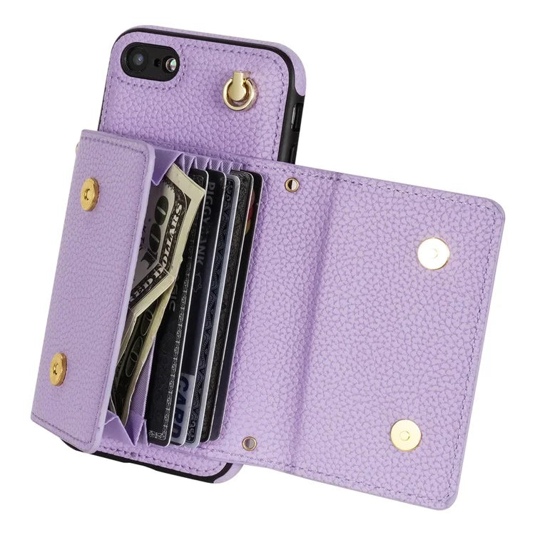 For iPhone 7 / 8 / SE (2020) / SE (2022) Case Leather+TPU Card Holder Shell with Shoulder Strap