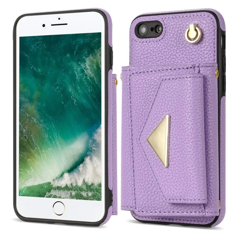 For iPhone 7 / 8 / SE (2020) / SE (2022) Case Leather+TPU Card Holder Shell with Shoulder Strap