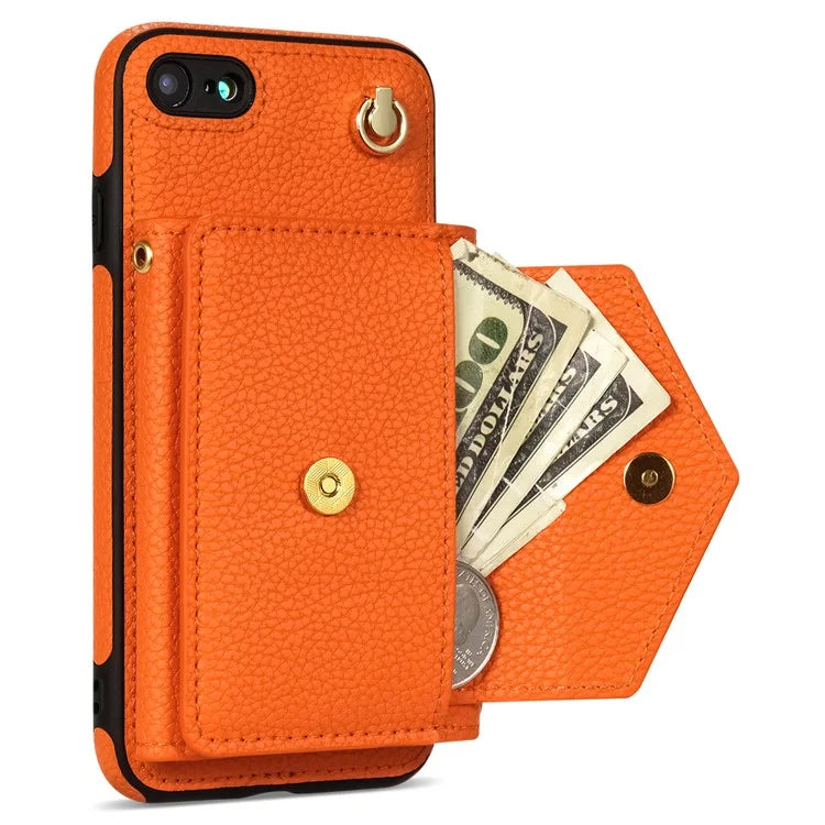 For iPhone 7 / 8 / SE (2020) / SE (2022) Case Leather+TPU Card Holder Shell with Shoulder Strap