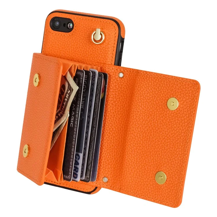 For iPhone 7 / 8 / SE (2020) / SE (2022) Case Leather+TPU Card Holder Shell with Shoulder Strap
