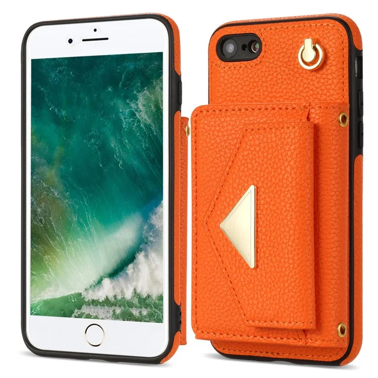 For iPhone 7 / 8 / SE (2020) / SE (2022) Case Leather+TPU Card Holder Shell with Shoulder Strap
