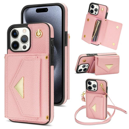 For iPhone 15 Pro Case Organ Card Bag Leather+TPU Back Protector Cover with Shoulder Strap