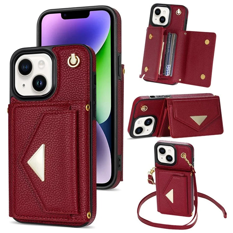 For iPhone 14 Plus Case Organ Card Bag Well-protected PU Leather+TPU Shell with Shoulder Strap