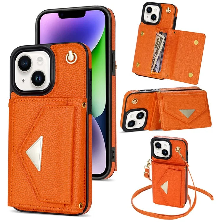 For iPhone 14 Plus Case Organ Card Bag Well-protected PU Leather+TPU Shell with Shoulder Strap