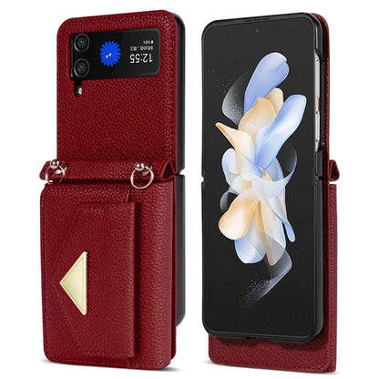 For Samsung Galaxy Z Flip4 5G Case Card Bag Leather+PC Drop-proof Cover with Shoulder Strap