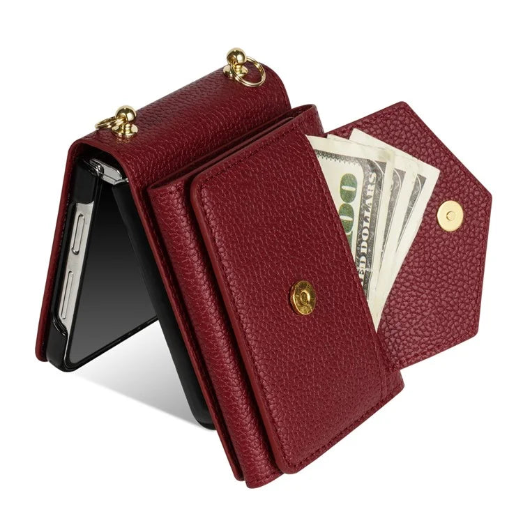 For Samsung Galaxy Z Flip4 5G Case Card Bag Leather+PC Drop-proof Cover with Shoulder Strap