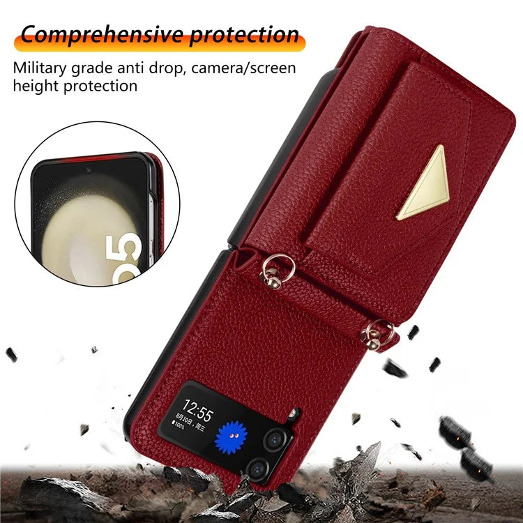 For Samsung Galaxy Z Flip4 5G Case Card Bag Leather+PC Drop-proof Cover with Shoulder Strap