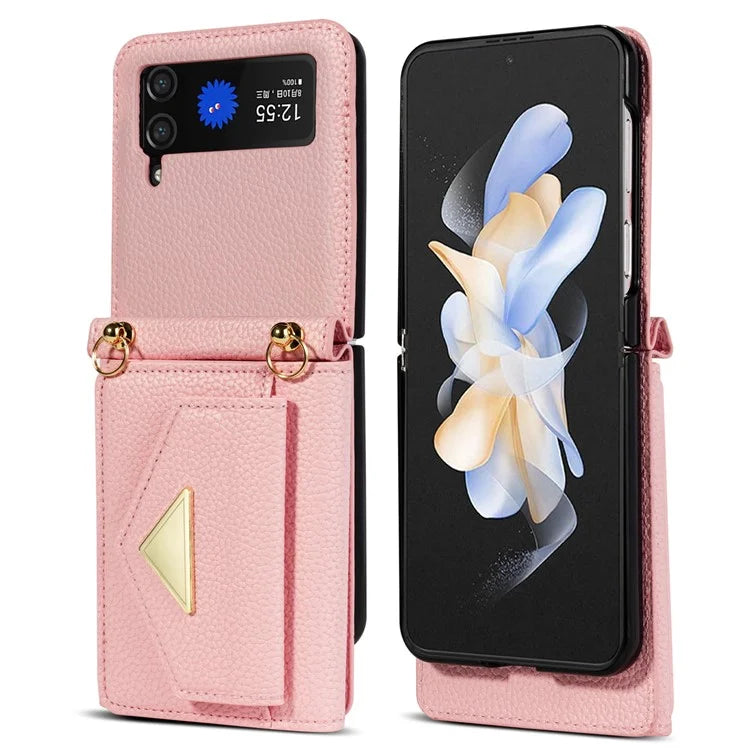 For Samsung Galaxy Z Flip4 5G Case Card Bag Leather+PC Drop-proof Cover with Shoulder Strap