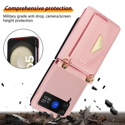 For Samsung Galaxy Z Flip4 5G Case Card Bag Leather+PC Drop-proof Cover with Shoulder Strap