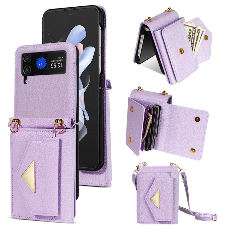 For Samsung Galaxy Z Flip4 5G Case Card Bag Leather+PC Drop-proof Cover with Shoulder Strap