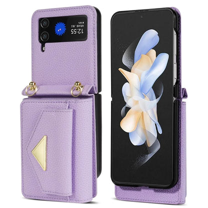 For Samsung Galaxy Z Flip4 5G Case Card Bag Leather+PC Drop-proof Cover with Shoulder Strap