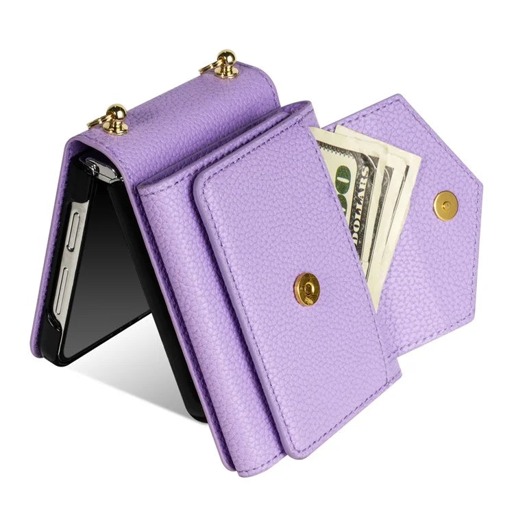 For Samsung Galaxy Z Flip4 5G Case Card Bag Leather+PC Drop-proof Cover with Shoulder Strap