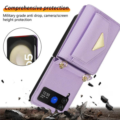For Samsung Galaxy Z Flip4 5G Case Card Bag Leather+PC Drop-proof Cover with Shoulder Strap