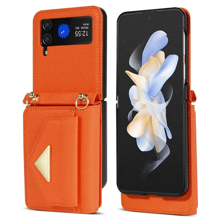 For Samsung Galaxy Z Flip4 5G Case Card Bag Leather+PC Drop-proof Cover with Shoulder Strap