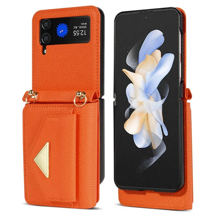 For Samsung Galaxy Z Flip4 5G Case Card Bag Leather+PC Drop-proof Cover with Shoulder Strap