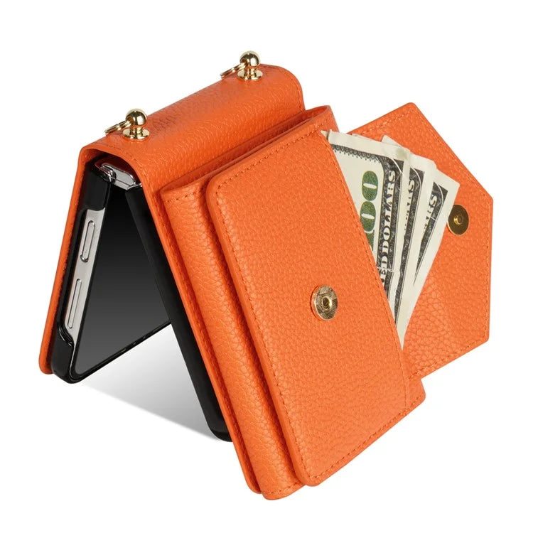 For Samsung Galaxy Z Flip4 5G Case Card Bag Leather+PC Drop-proof Cover with Shoulder Strap