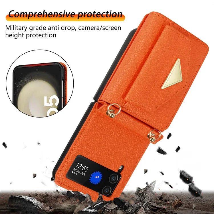 For Samsung Galaxy Z Flip4 5G Case Card Bag Leather+PC Drop-proof Cover with Shoulder Strap