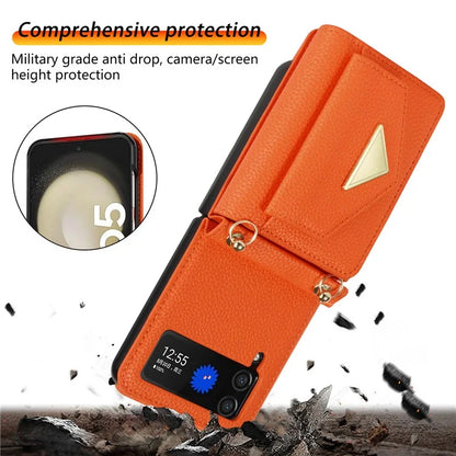 For Samsung Galaxy Z Flip4 5G Case Card Bag Leather+PC Drop-proof Cover with Shoulder Strap
