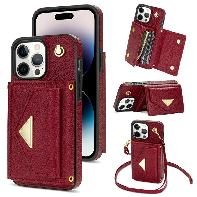 For iPhone 14 Pro Case PU Leather+TPU Kickstand Shell with Shoulder Strap