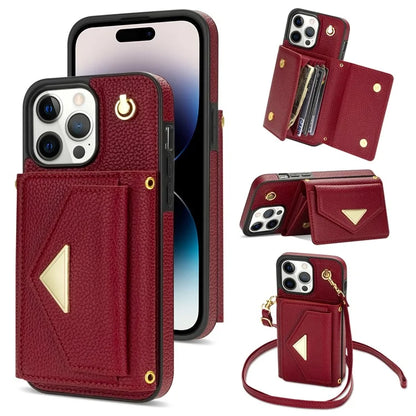 For iPhone 14 Pro Case PU Leather+TPU Kickstand Shell with Shoulder Strap
