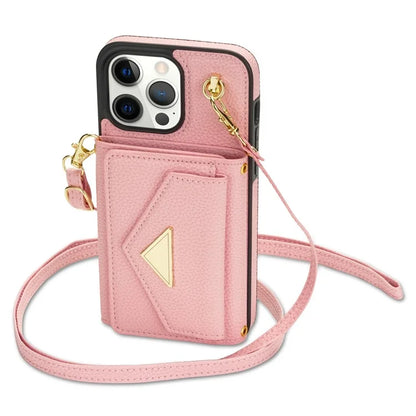 For iPhone 14 Pro Case PU Leather+TPU Kickstand Shell with Shoulder Strap