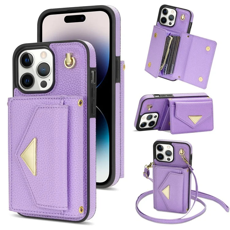 For iPhone 14 Pro Case PU Leather+TPU Kickstand Shell with Shoulder Strap