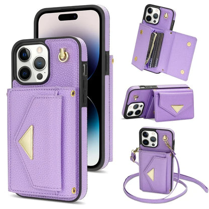 For iPhone 14 Pro Case PU Leather+TPU Kickstand Shell with Shoulder Strap