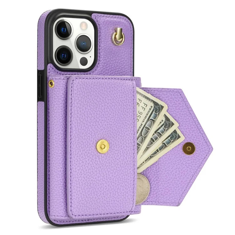 For iPhone 14 Pro Case PU Leather+TPU Kickstand Shell with Shoulder Strap