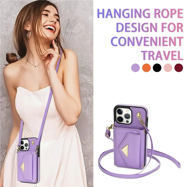 For iPhone 14 Pro Case PU Leather+TPU Kickstand Shell with Shoulder Strap