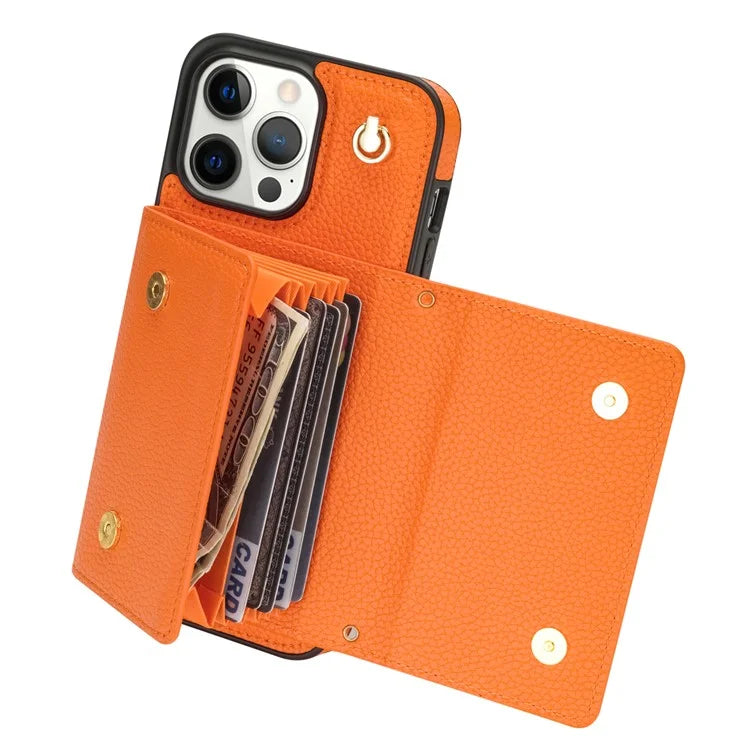 For iPhone 14 Pro Case PU Leather+TPU Kickstand Shell with Shoulder Strap