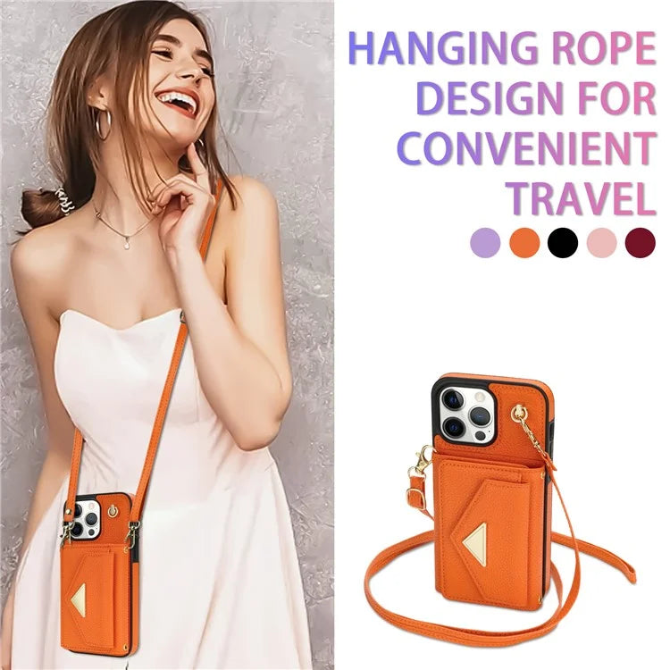 For iPhone 14 Pro Case PU Leather+TPU Kickstand Shell with Shoulder Strap