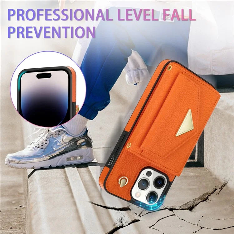 For iPhone 14 Pro Case PU Leather+TPU Kickstand Shell with Shoulder Strap